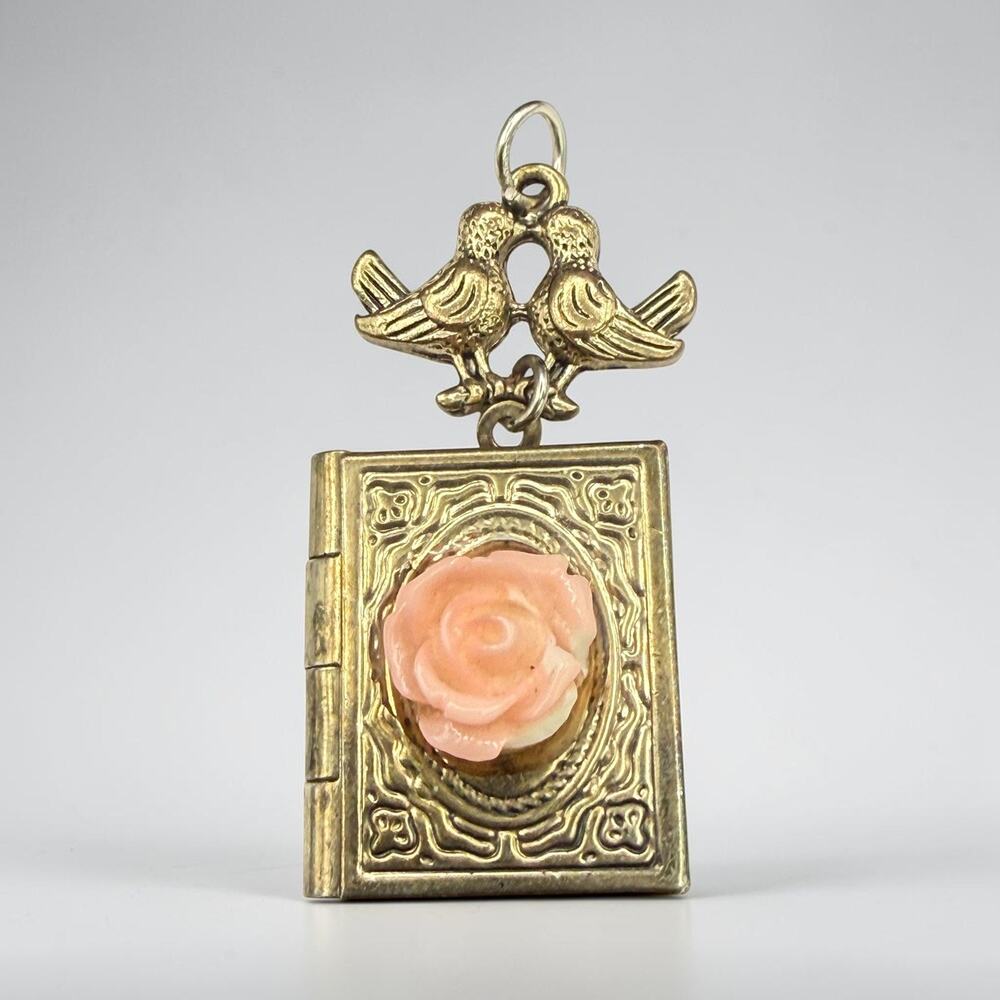 Vintage Gold Tone Picture Locket Book With Pink Rose & Love Birds Pendant